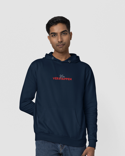 Man wearing a navy blue hoodie with red text on a white background